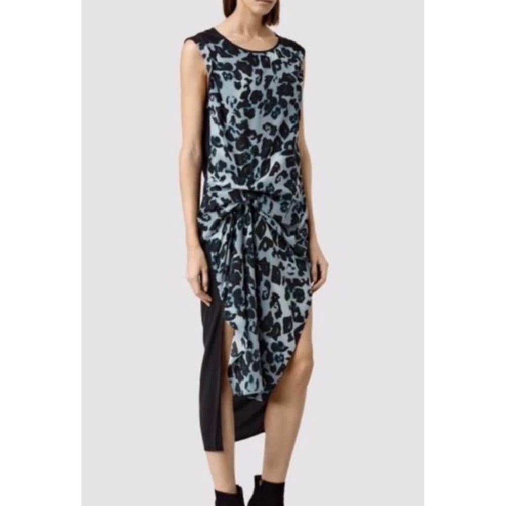 AllSaints Riviera Leo Silk Dress Animal Leopard Print Black Gray Blue US 8 UK 12